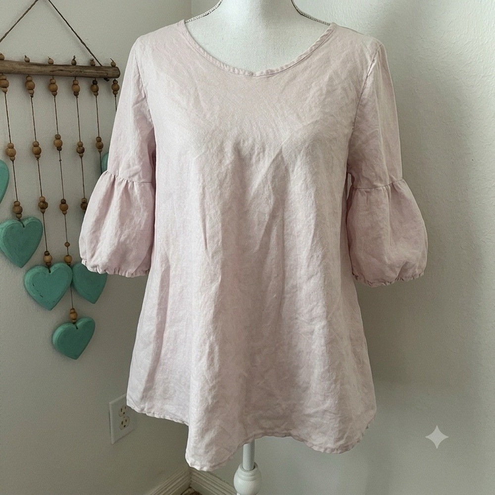 Blush Pink ITALY Linen top puff 3/4 sleeve lagenlook summer high low hem M/L